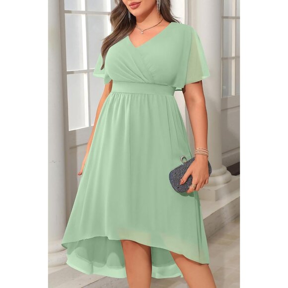 Plus Size Chiffon Dress Women High Low V-Neck Formal Evening Wedding - Picture 3 of 6